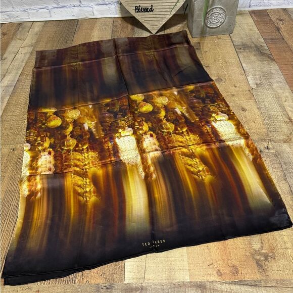 TED BAKER London Long 100% Silk Scarf Wrap Gold/black - Picture 4 of 9